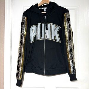 Victoria's Secret PINK Sequin Bling Gold/ Silver Zip up Hoodie L Black Y2K Style